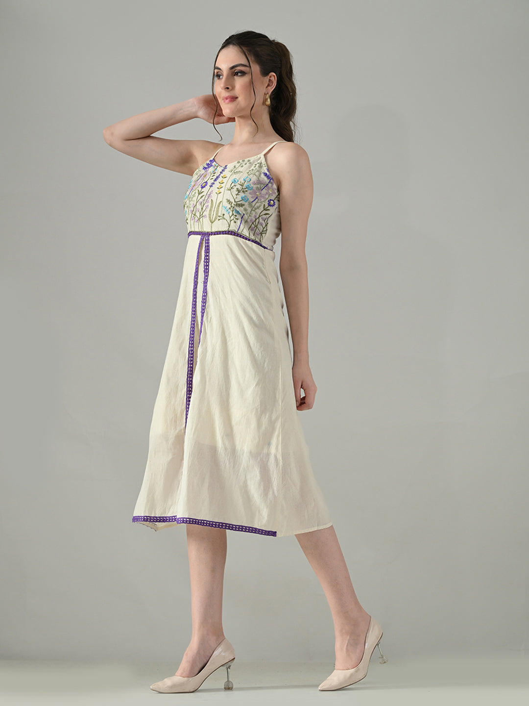 Myshka Women Off White Multicolor Thread Embroidered Strap Midi Dress | Grocsy