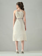 Myshka Women Off White Multicolor Thread Embroidered Strap Midi Dress | Grocsy