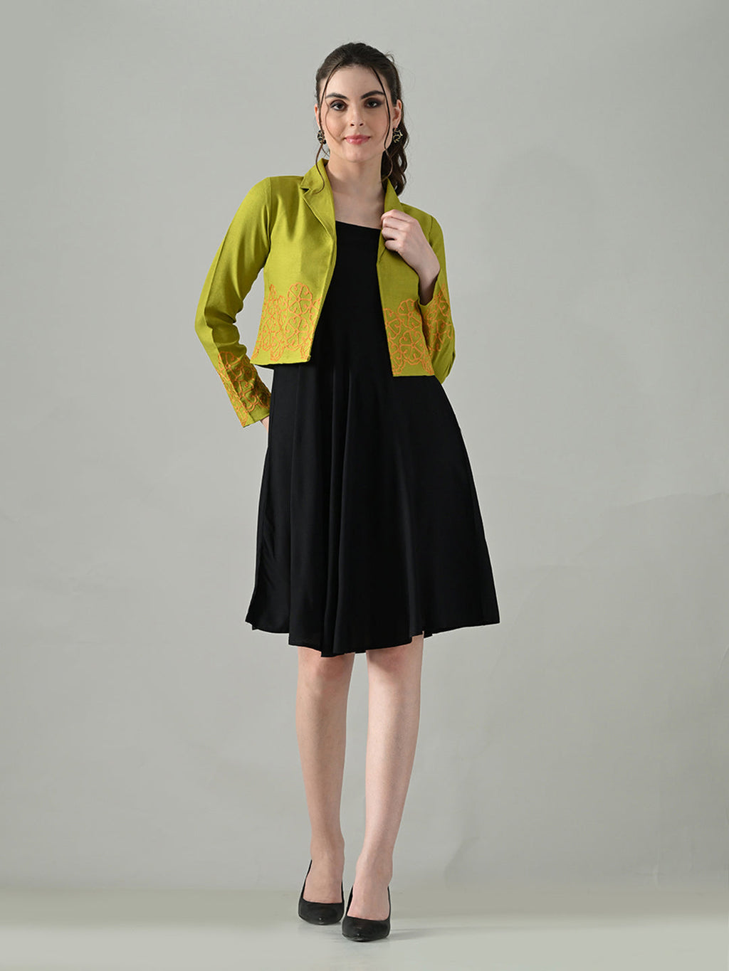 Myshka Women Green Embroidered Jacket With Black Knee Length Dress | Grocsy