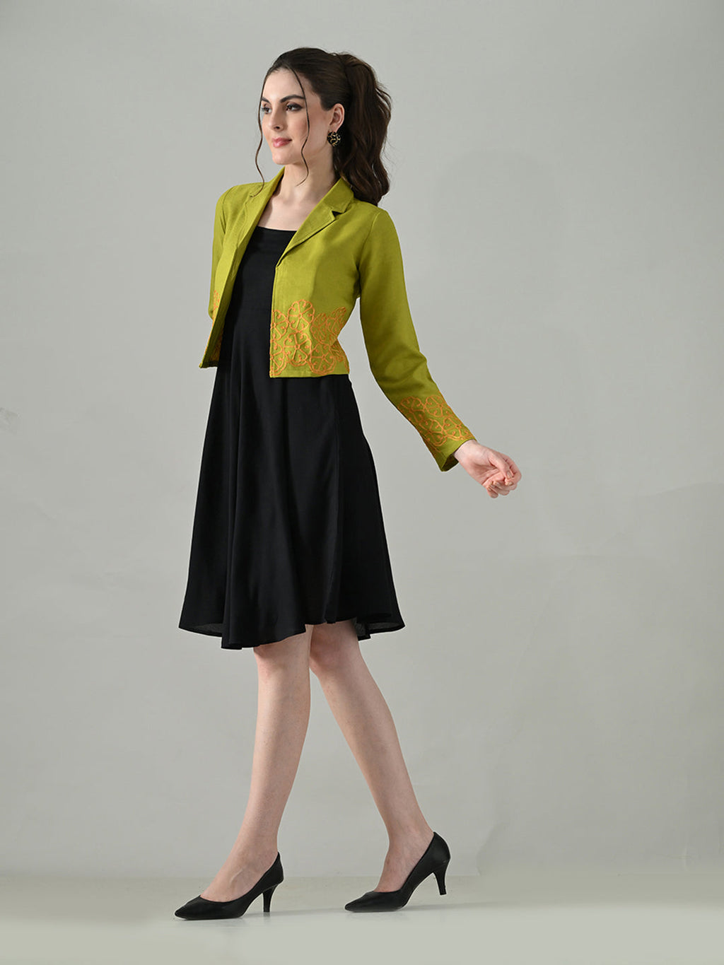 Myshka Women Green Embroidered Jacket With Black Knee Length Dress | Grocsy