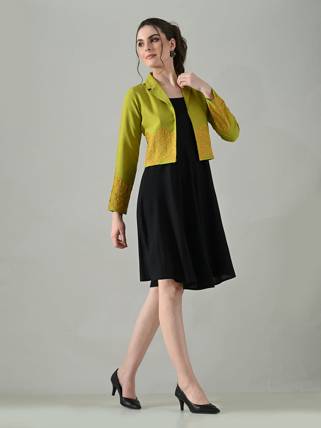 Myshka Women Green Embroidered Jacket With Black Knee Length Dress | Grocsy