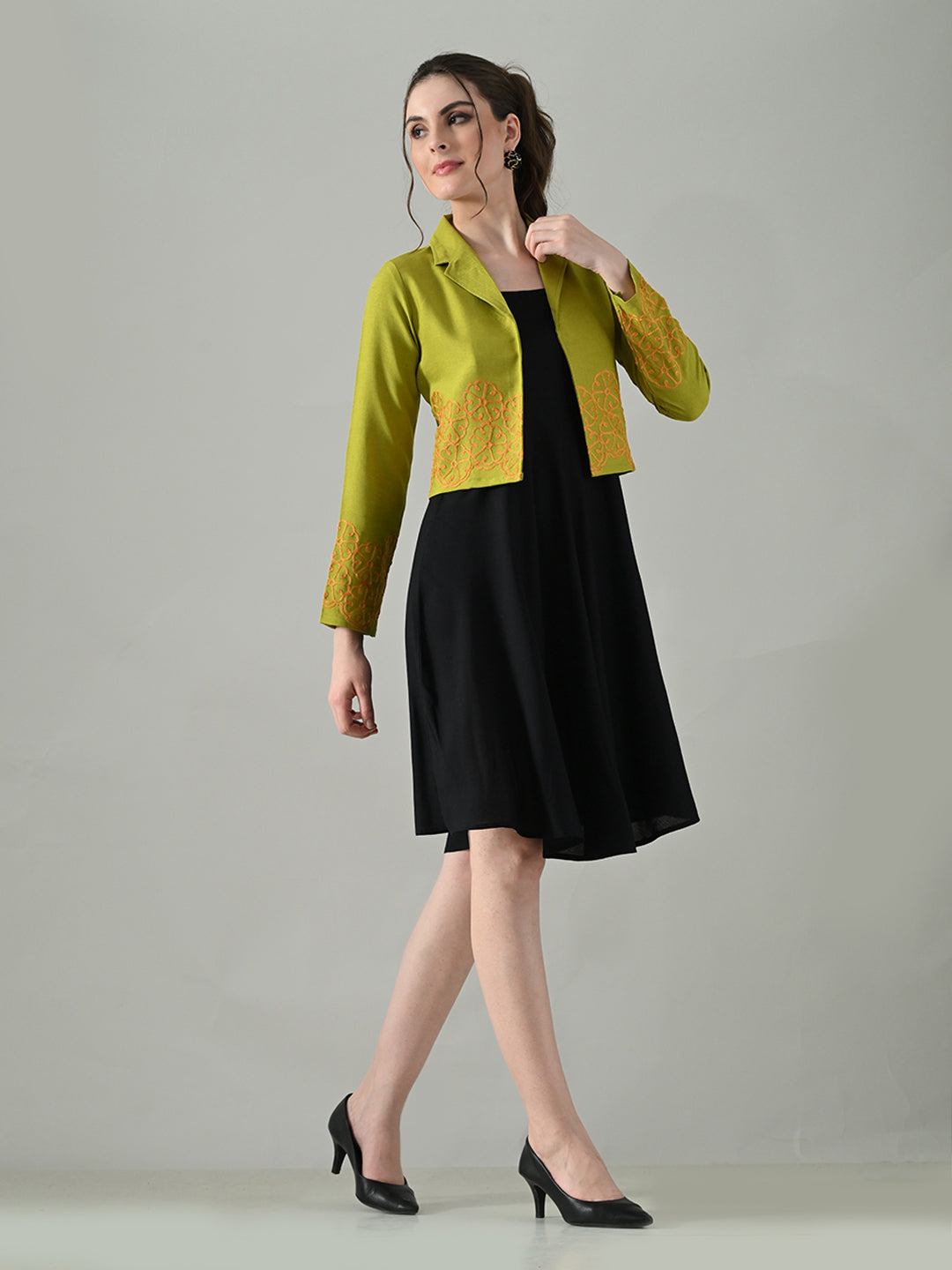 Myshka Women Green Embroidered Jacket With Black Knee Length Dress | Grocsy