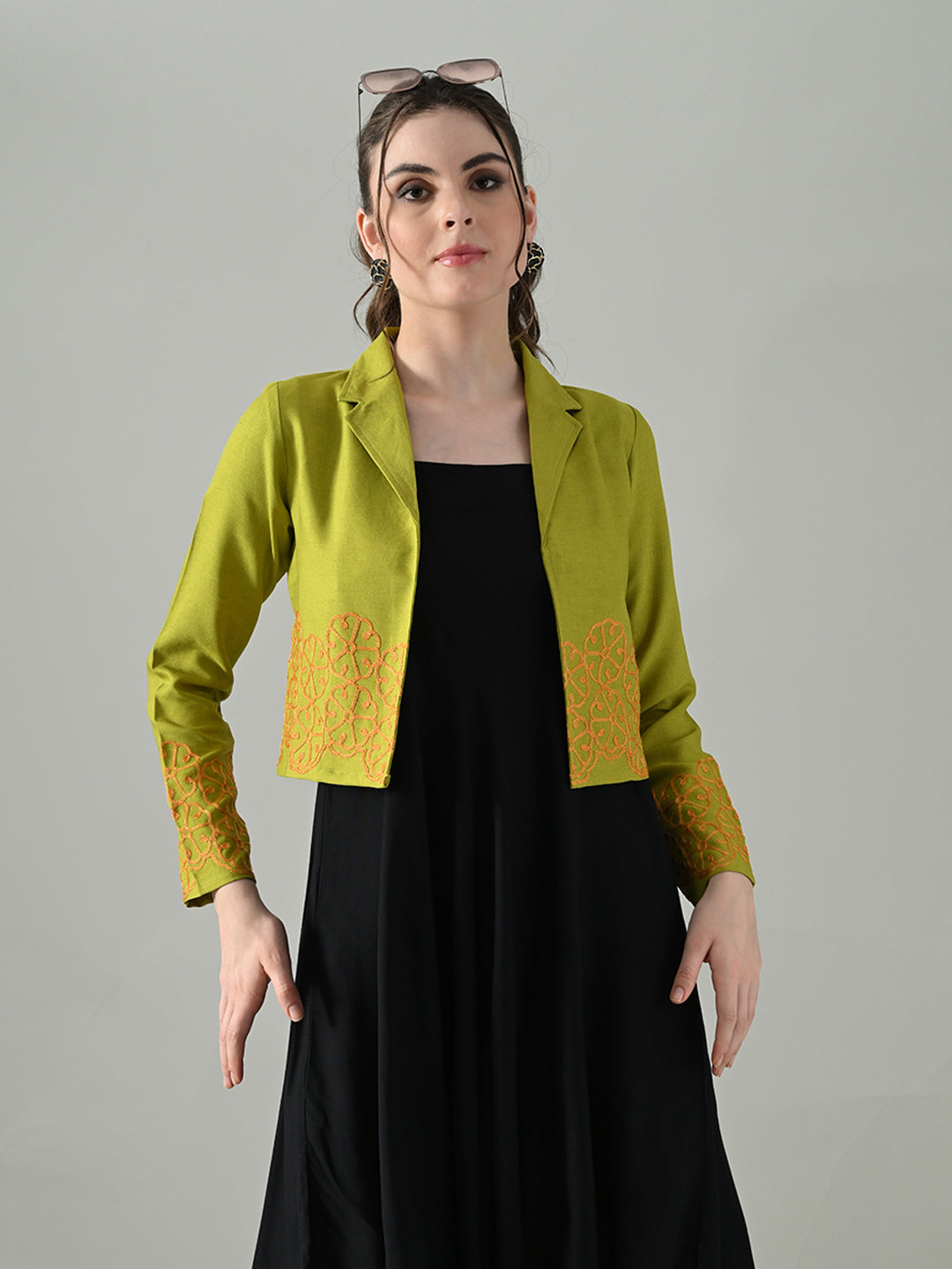 Myshka Women Green Embroidered Jacket With Black Knee Length Dress | Grocsy