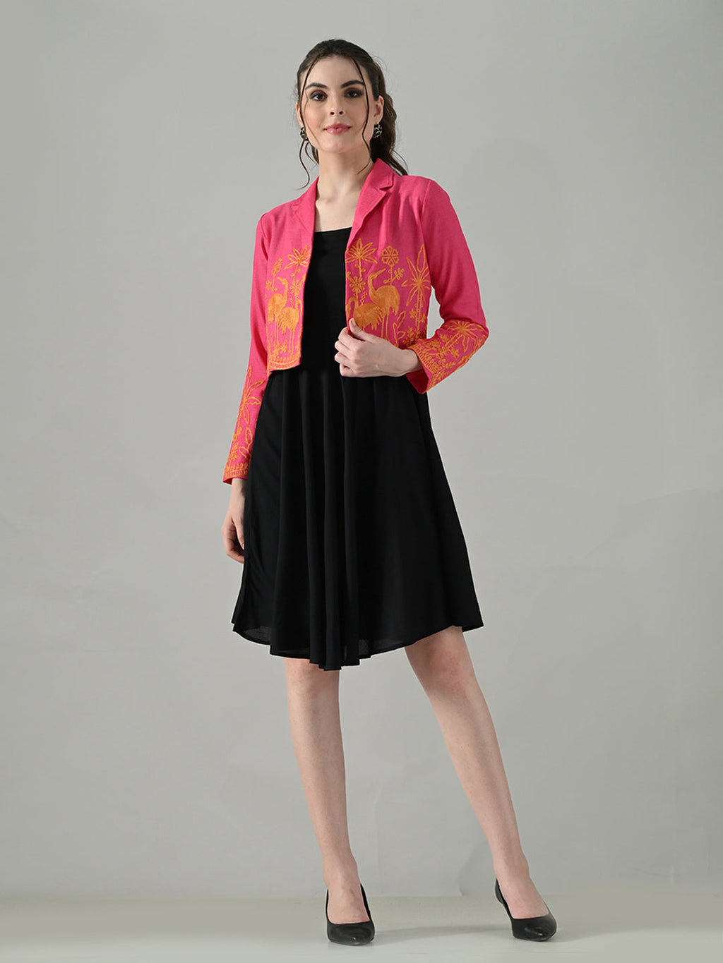 Myshka Women Pink Embroidered Jacket With Black Knee Length Dress | Grocsy