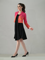 Myshka Women Pink Embroidered Jacket With Black Knee Length Dress | Grocsy