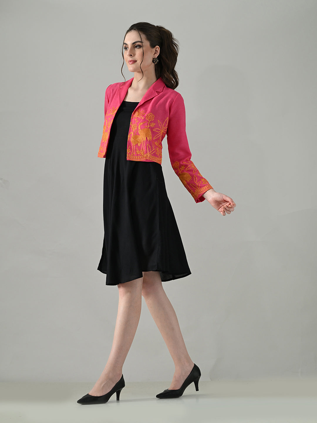 Myshka Women Pink Embroidered Jacket With Black Knee Length Dress | Grocsy