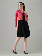 Myshka Women Pink Embroidered Jacket With Black Knee Length Dress | Grocsy