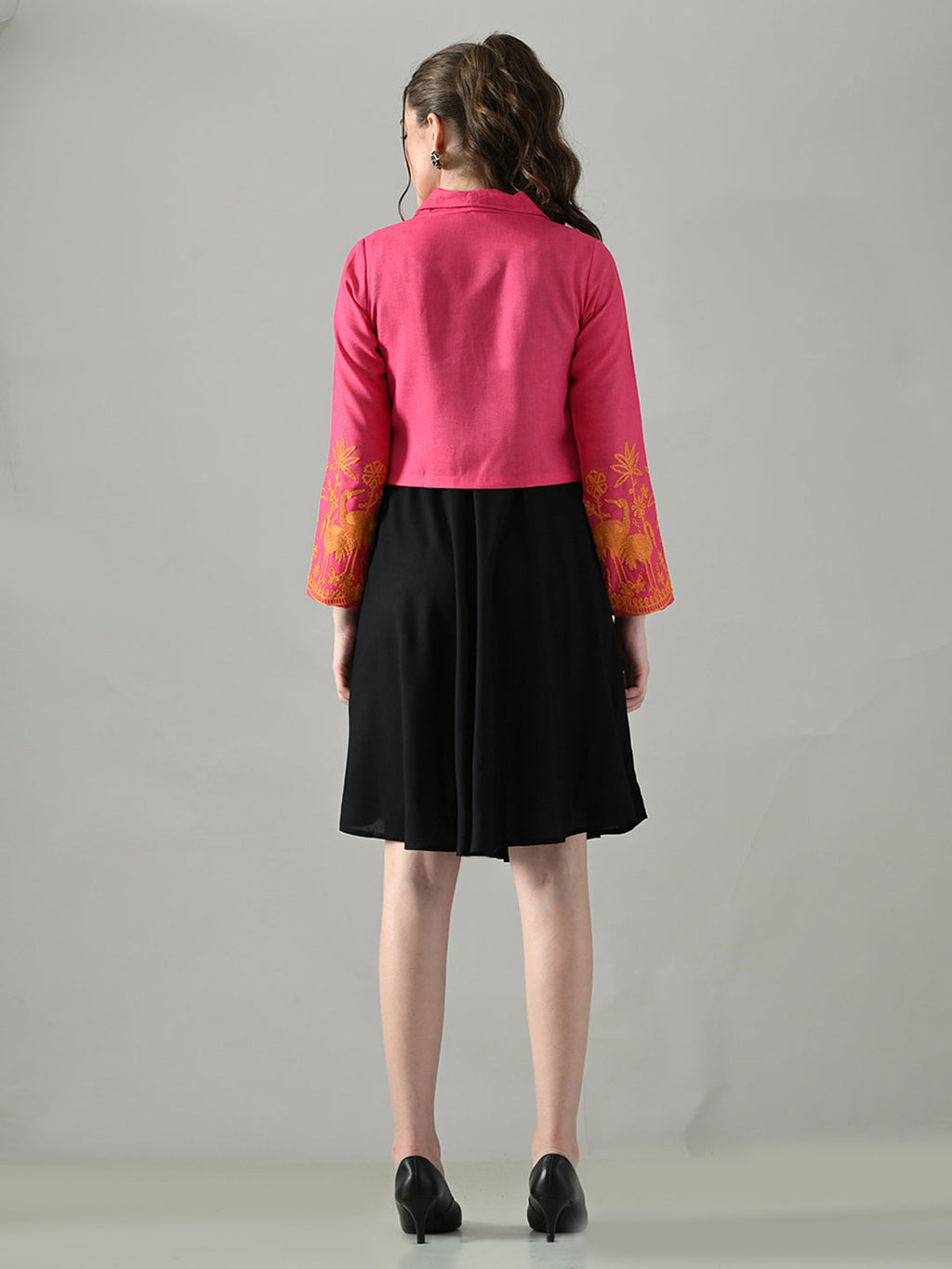 Myshka Women Pink Embroidered Jacket With Black Knee Length Dress | Grocsy
