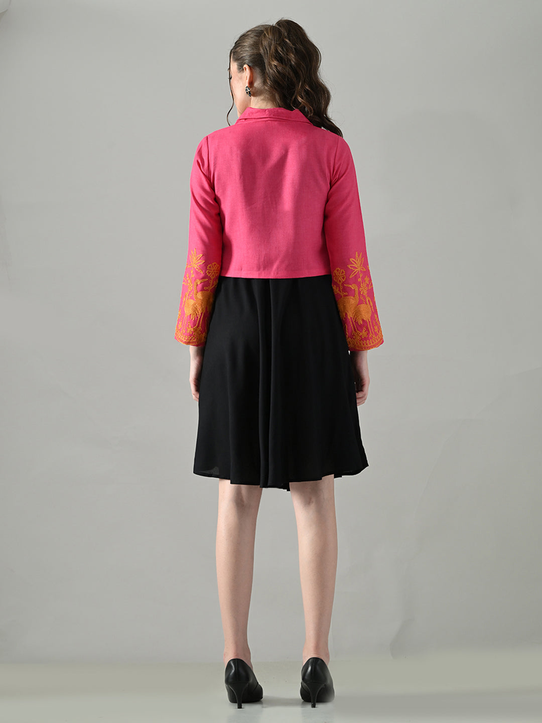Myshka Women Pink Embroidered Jacket With Black Knee Length Dress | Grocsy