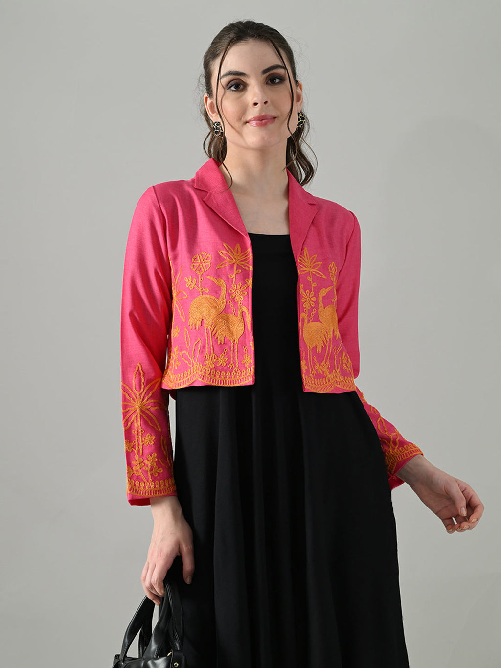 Myshka Women Pink Embroidered Jacket With Black Knee Length Dress | Grocsy