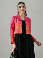 Myshka Women Pink Embroidered Jacket With Black Knee Length Dress | Grocsy