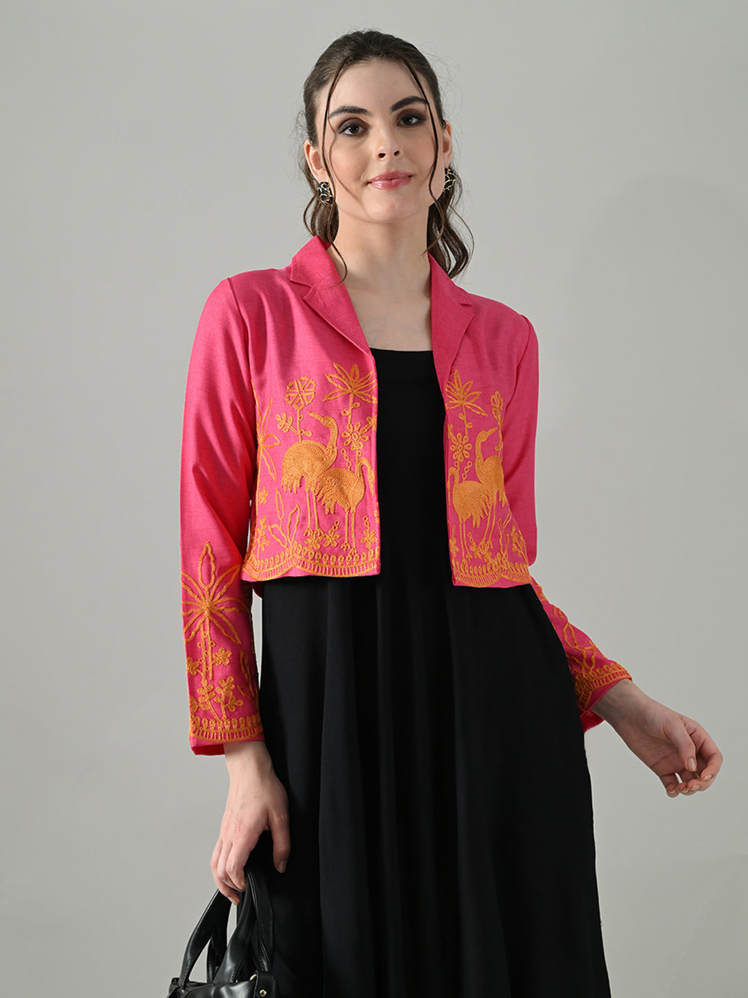 Myshka Women Pink Embroidered Jacket With Black Knee Length Dress | Grocsy