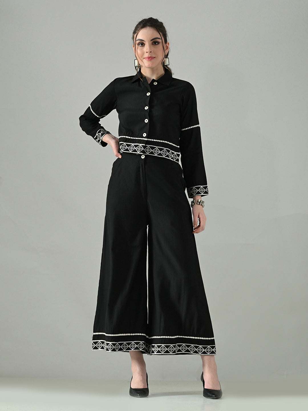 Myshka Women Black Embroidered Co-Ord Set | Grocsy