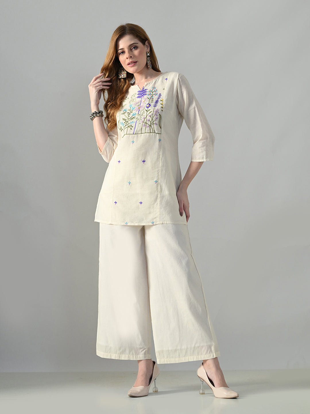 Myshka Women Off White Multicolor Thread Embroidered Co-Ord Set | Grocsy