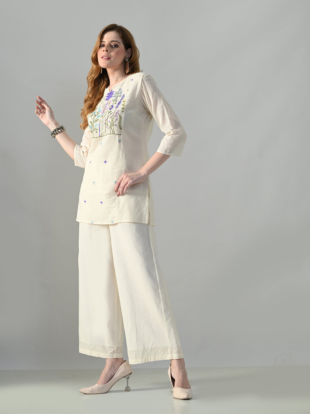Myshka Women Off White Multicolor Thread Embroidered Co-Ord Set | Grocsy