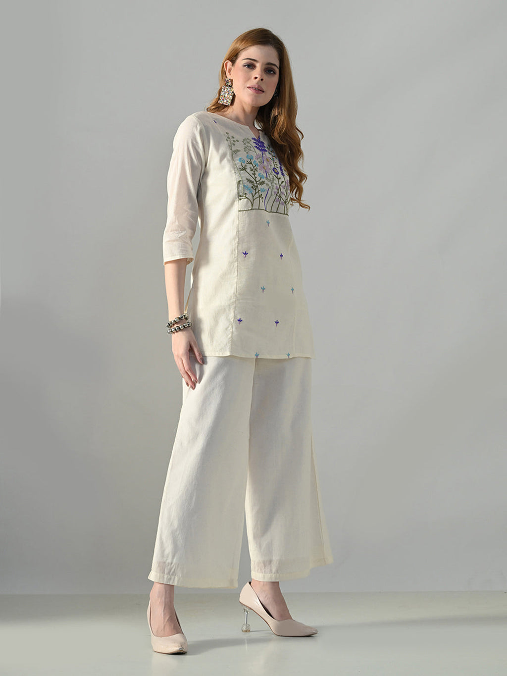 Myshka Women Off White Multicolor Thread Embroidered Co-Ord Set | Grocsy