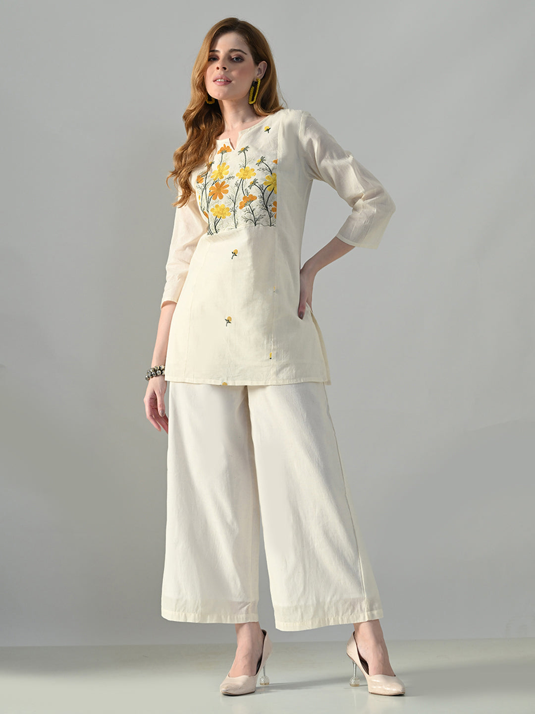 Myshka Women Off White Multicolor Thread Embroidered Co-Ord Set | Grocsy