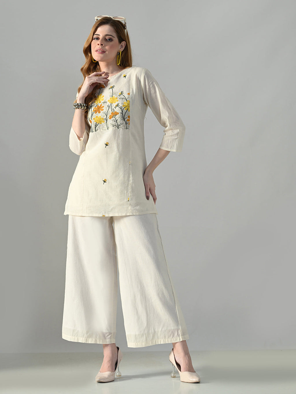 Myshka Women Off White Multicolor Thread Embroidered Co-Ord Set | Grocsy
