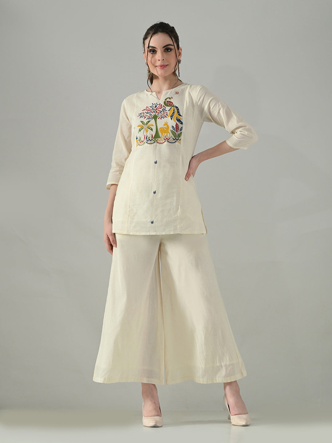 Myshka Women Off White Multicolor Thread Embroidered Co-Ord Set | Grocsy