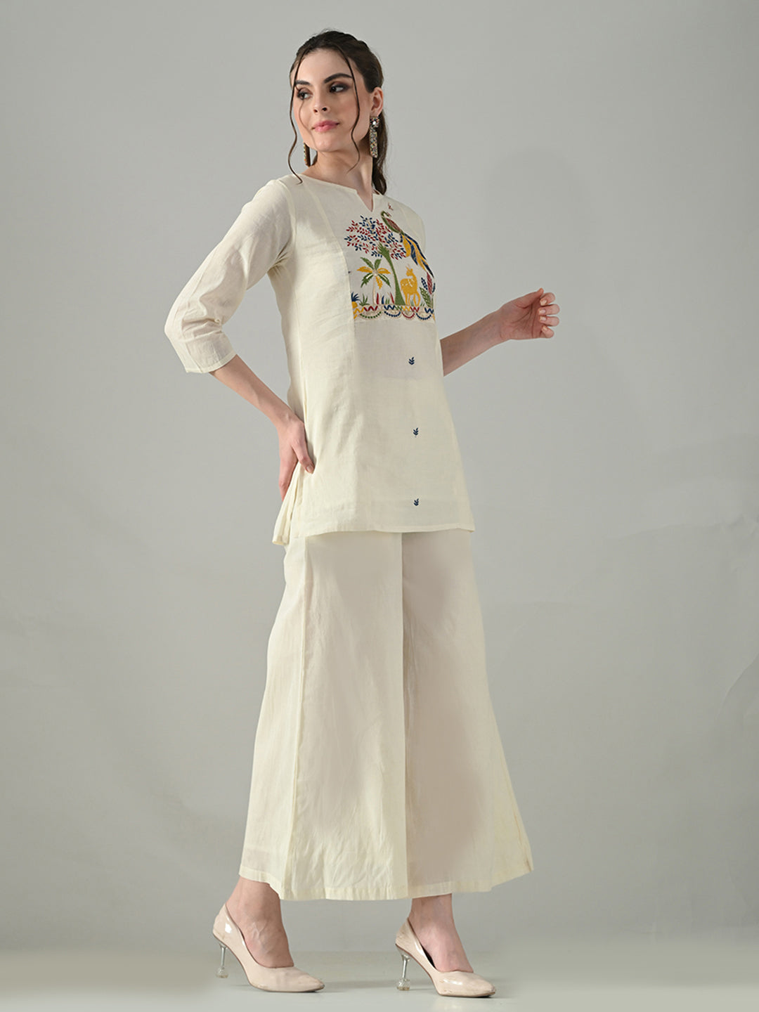 Myshka Women Off White Multicolor Thread Embroidered Co-Ord Set | Grocsy