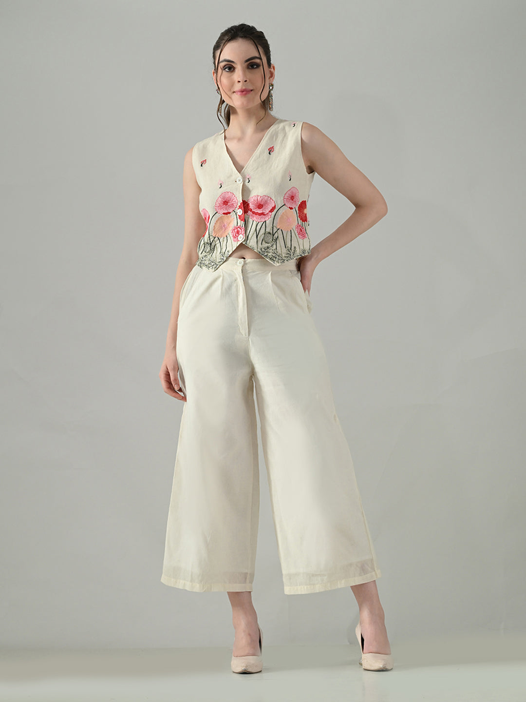 Myshka Women Off White Multicolor Thread Embroidered Co-Ord Set | Grocsy