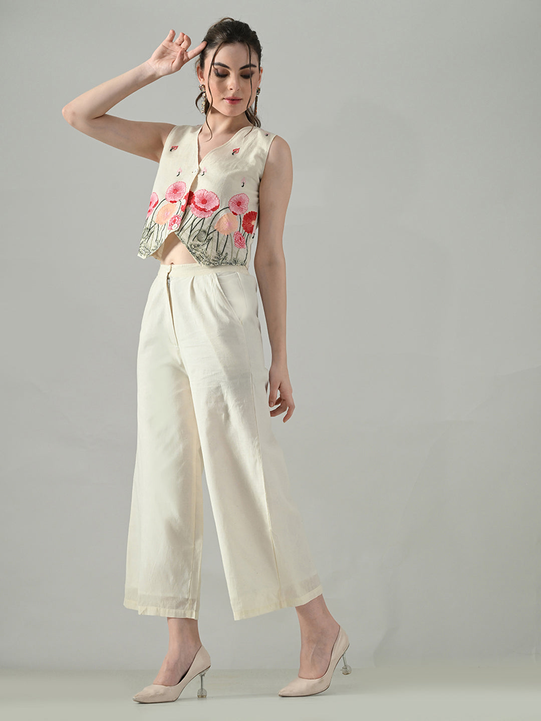 Myshka Women Off White Multicolor Thread Embroidered Co-Ord Set | Grocsy