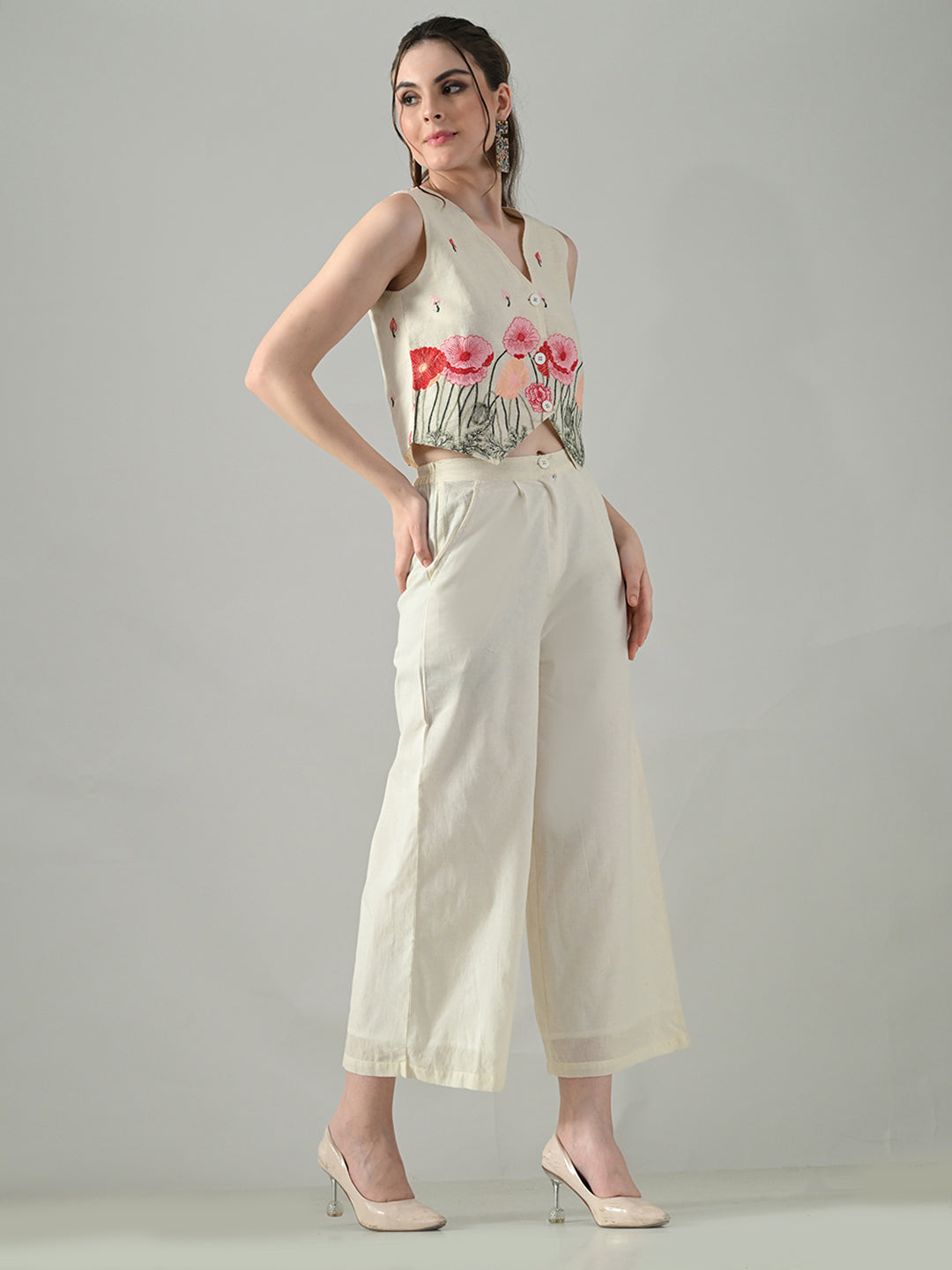 Myshka Women Off White Multicolor Thread Embroidered Co-Ord Set | Grocsy