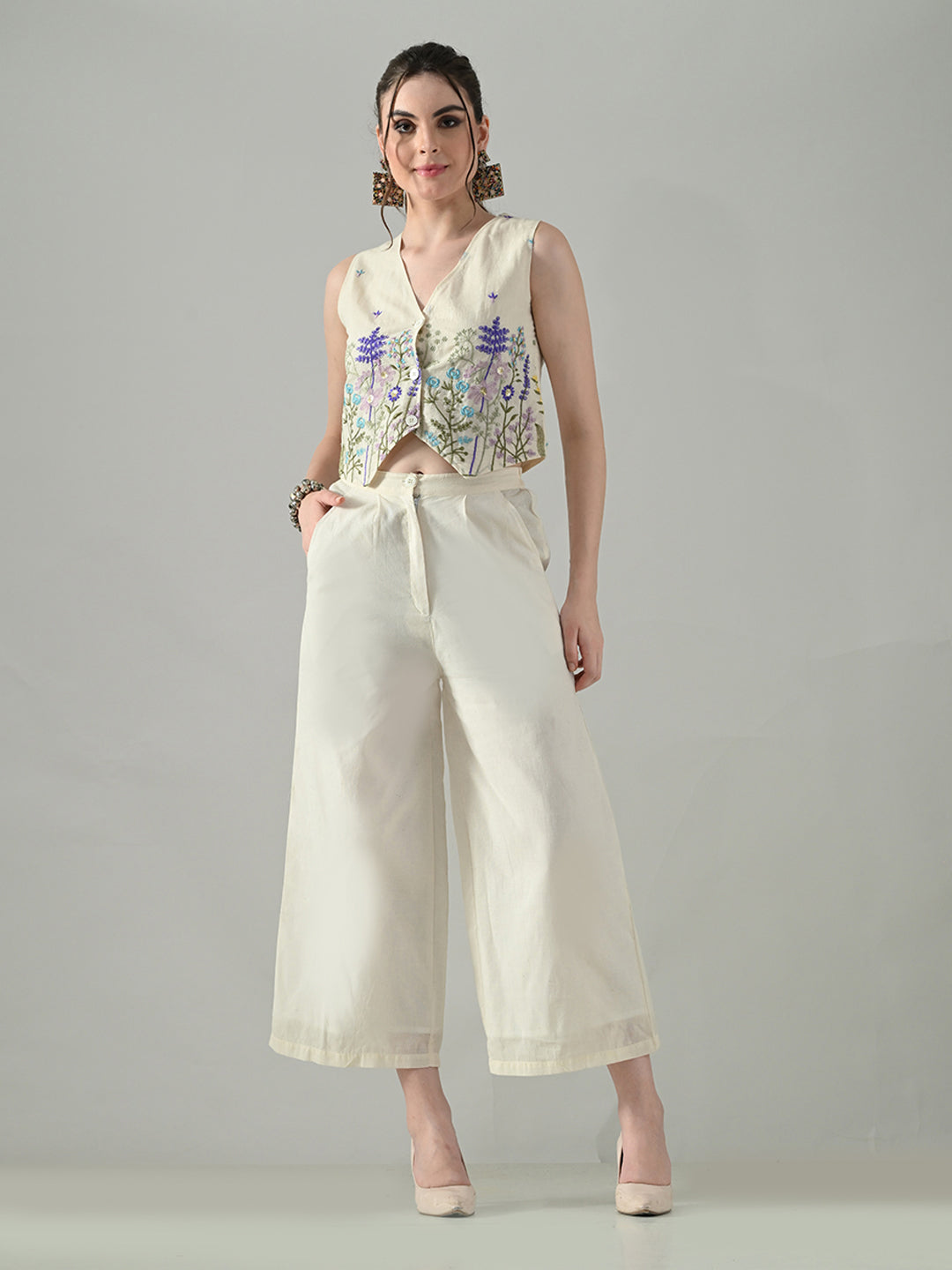 Myshka Women Off White Multicolor Thread Embroidered Co-Ord Set | Grocsy