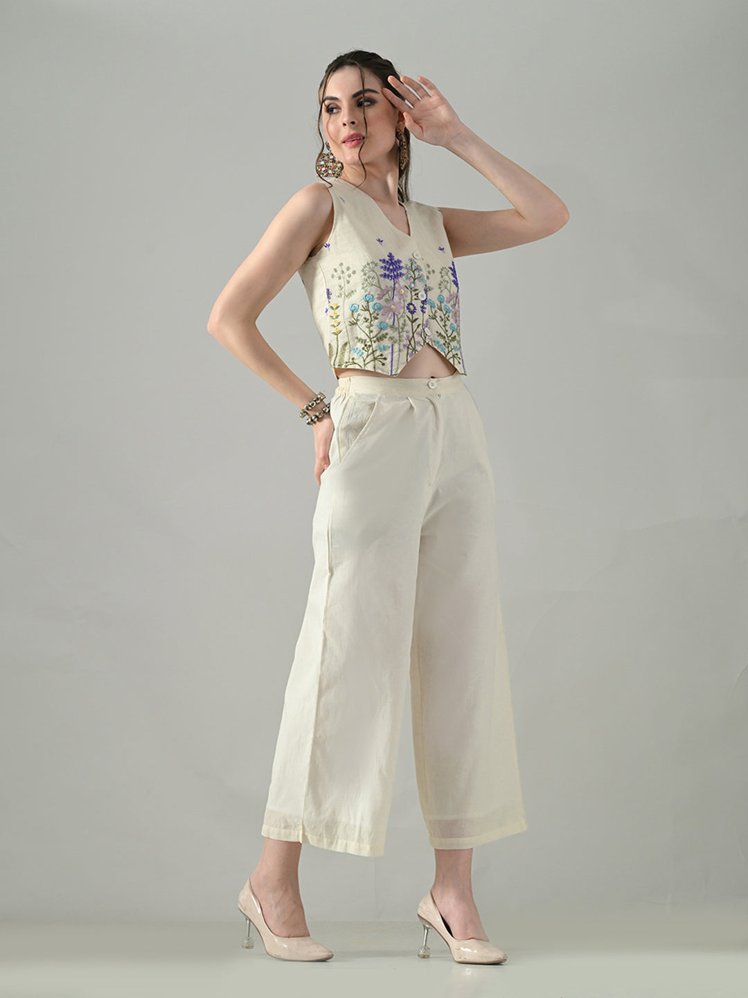 Myshka Women Off White Multicolor Thread Embroidered Co-Ord Set | Grocsy