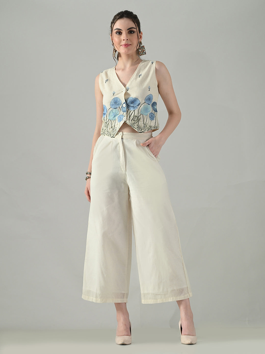 Myshka Women Off White Multicolor Thread Embroidered Co-Ord Set | Grocsy