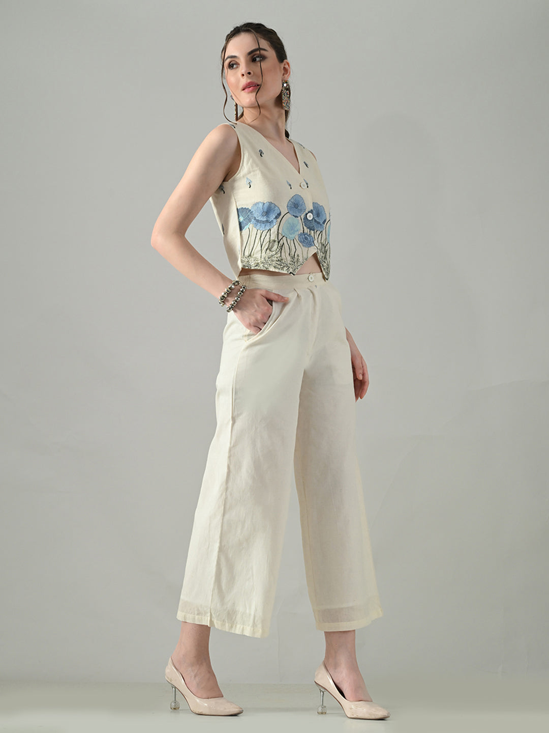Myshka Women Off White Multicolor Thread Embroidered Co-Ord Set | Grocsy
