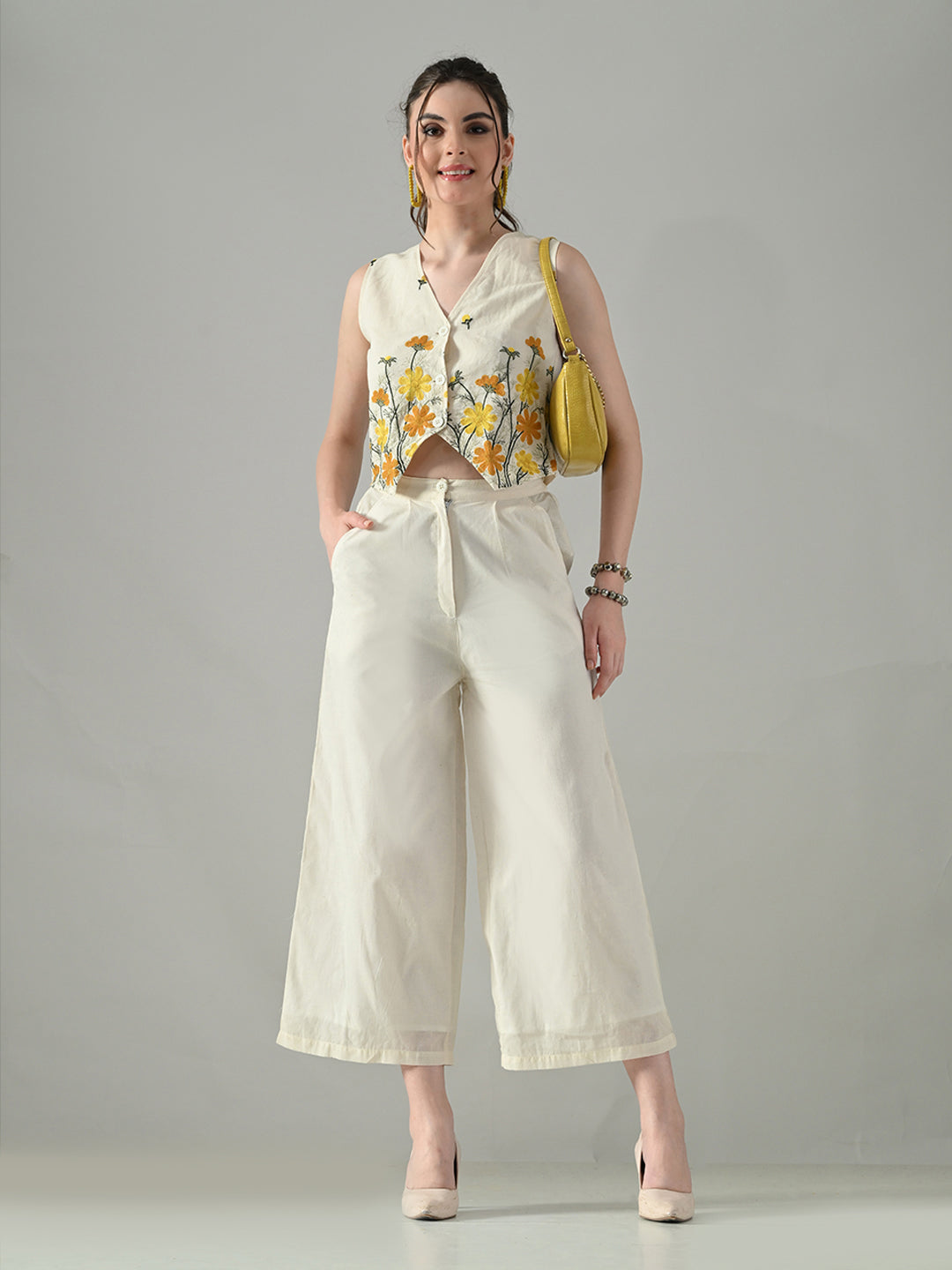 Myshka Women Off White Multicolor Thread Embroidered Co-Ord Set | Grocsy