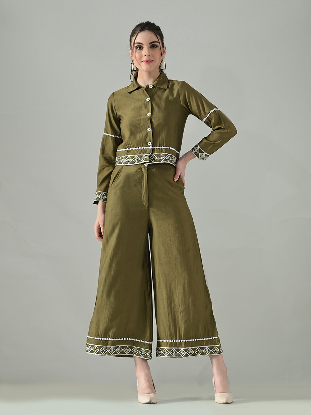 Myshka Women Olive Green Embroidered Co-Ord Set | Grocsy