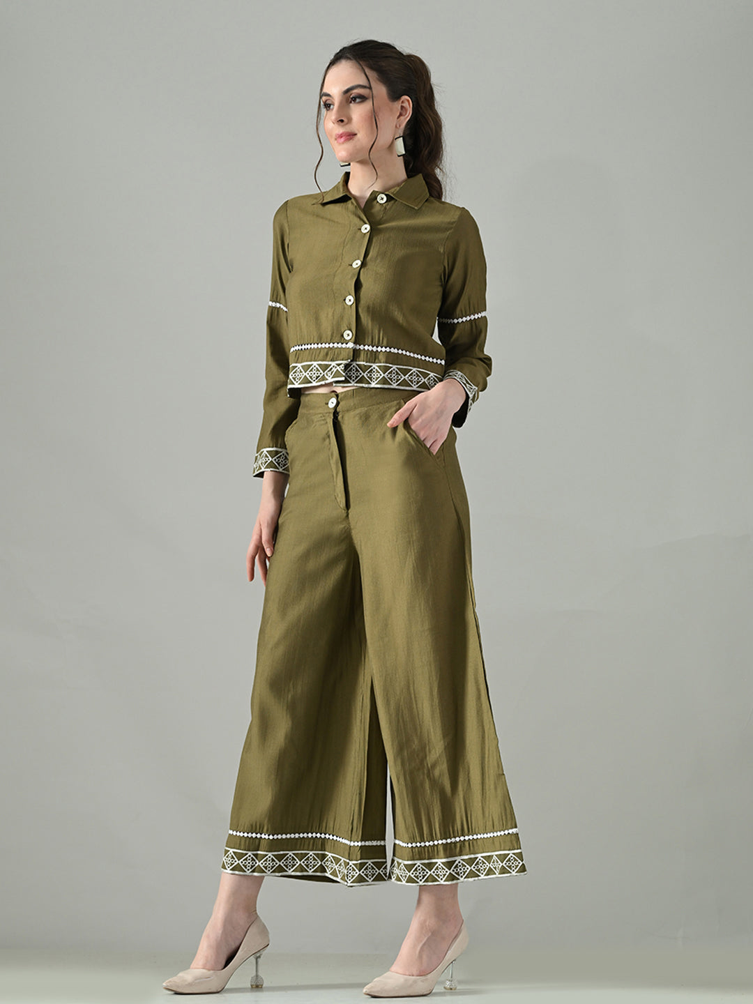 Myshka Women Olive Green Embroidered Co-Ord Set | Grocsy