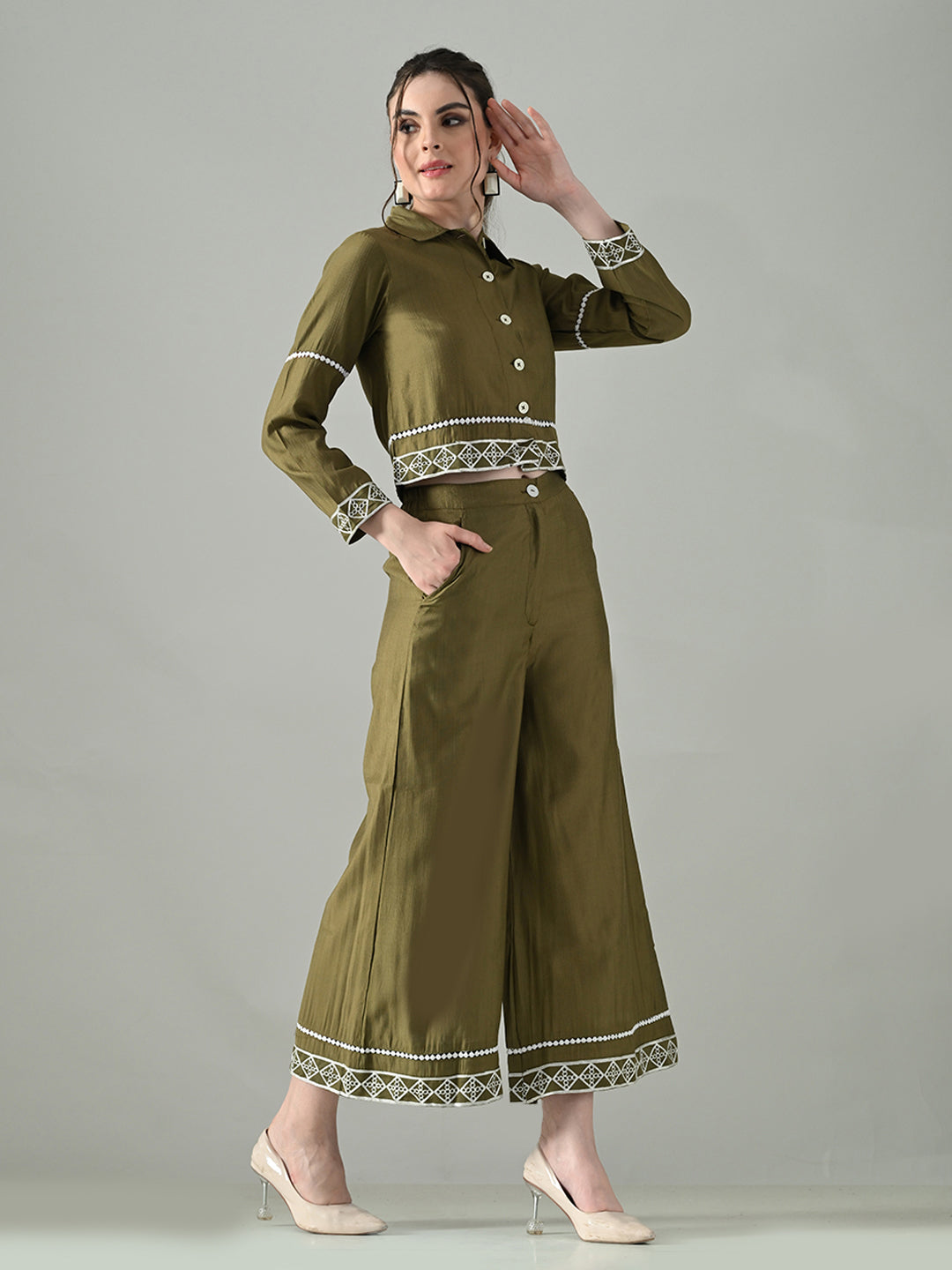 Myshka Women Olive Green Embroidered Co-Ord Set | Grocsy