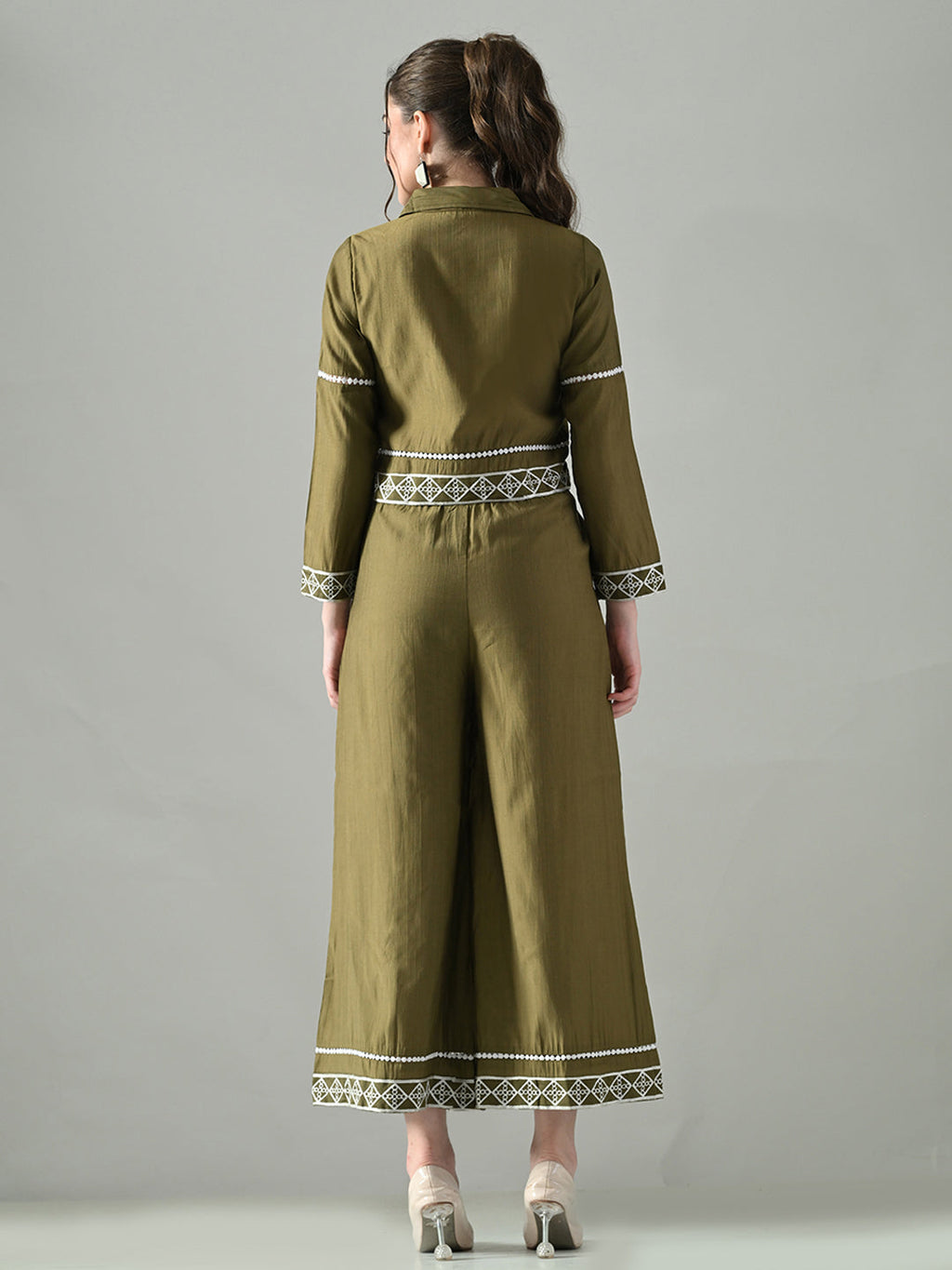 Myshka Women Olive Green Embroidered Co-Ord Set | Grocsy
