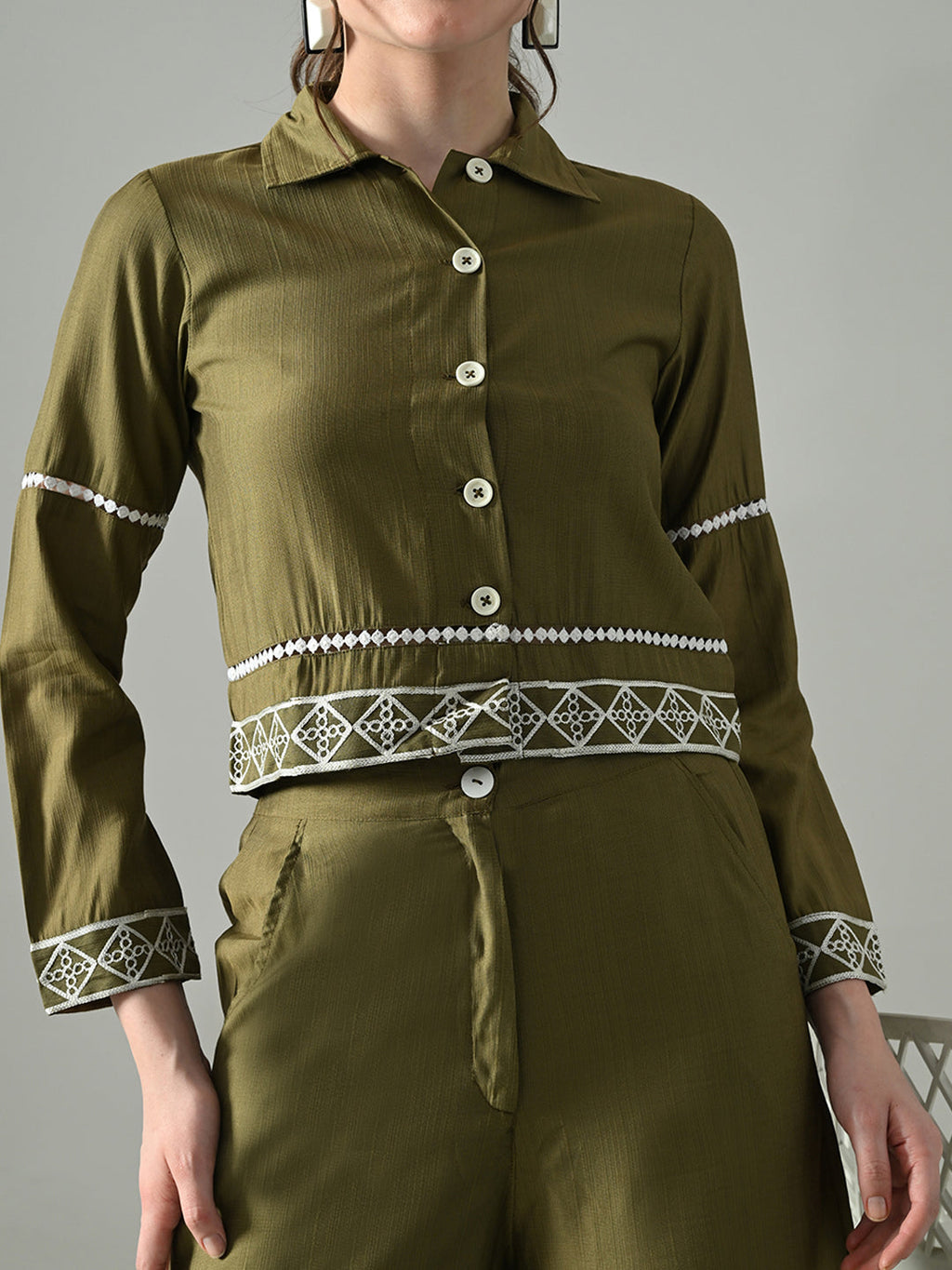 Myshka Women Olive Green Embroidered Co-Ord Set | Grocsy