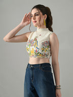 Myshka Women Off White Multicolor Thread Embroidered Saree Blouse | Grocsy