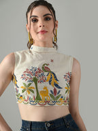 Myshka Women Off White Multicolor Thread Embroidered Saree Blouse | Grocsy