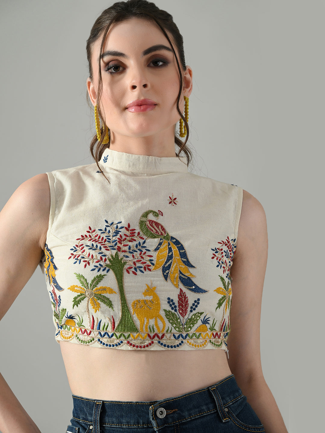 Myshka Women Off White Multicolor Thread Embroidered Saree Blouse | Grocsy