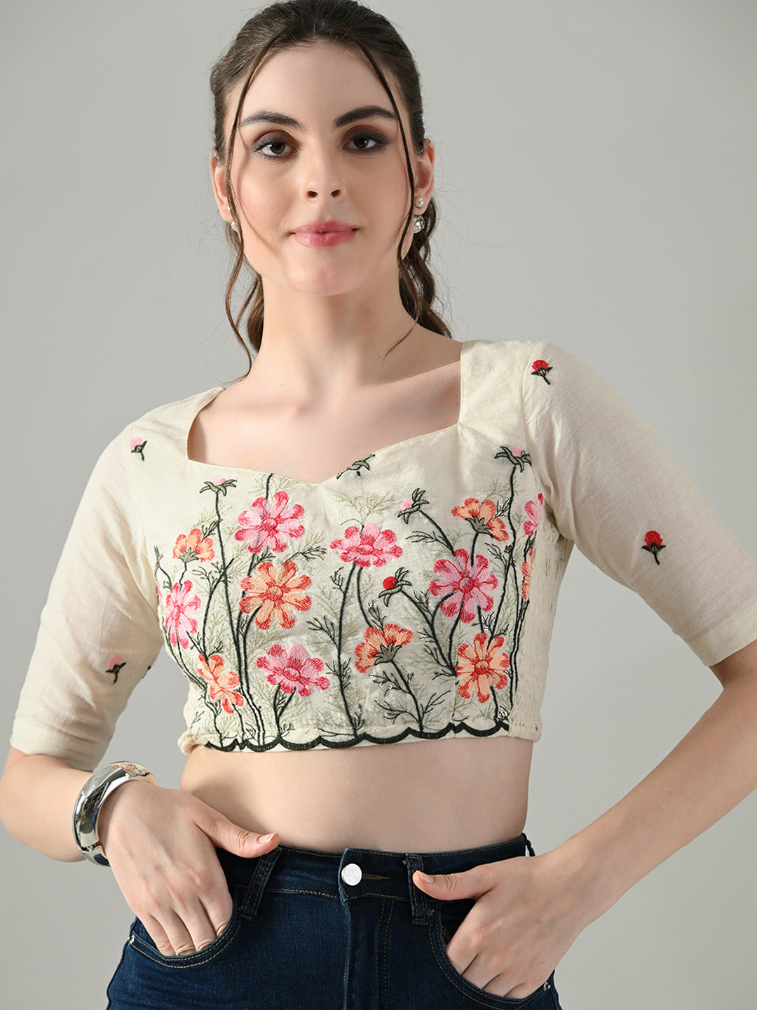 Myshka Women Off White Multicolor Thread Embroidered Saree Blouse | Grocsy