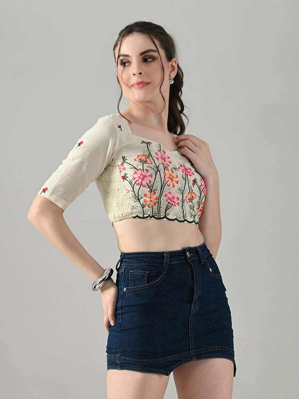 Myshka Women Off White Multicolor Thread Embroidered Saree Blouse | Grocsy