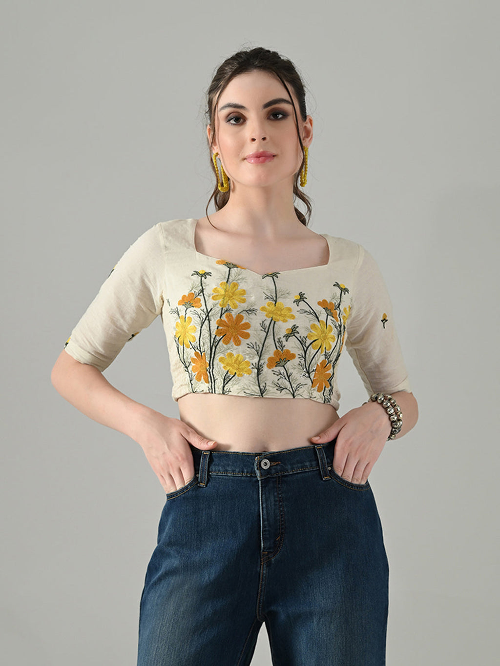 Myshka Women Off White Multicolor Thread Embroidered Saree Blouse | Grocsy