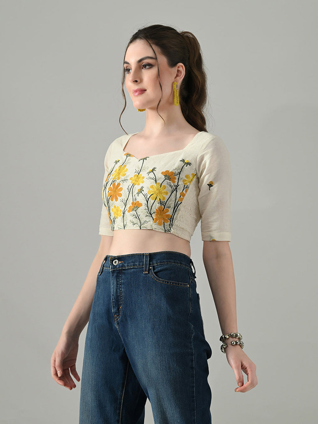 Myshka Women Off White Multicolor Thread Embroidered Saree Blouse | Grocsy