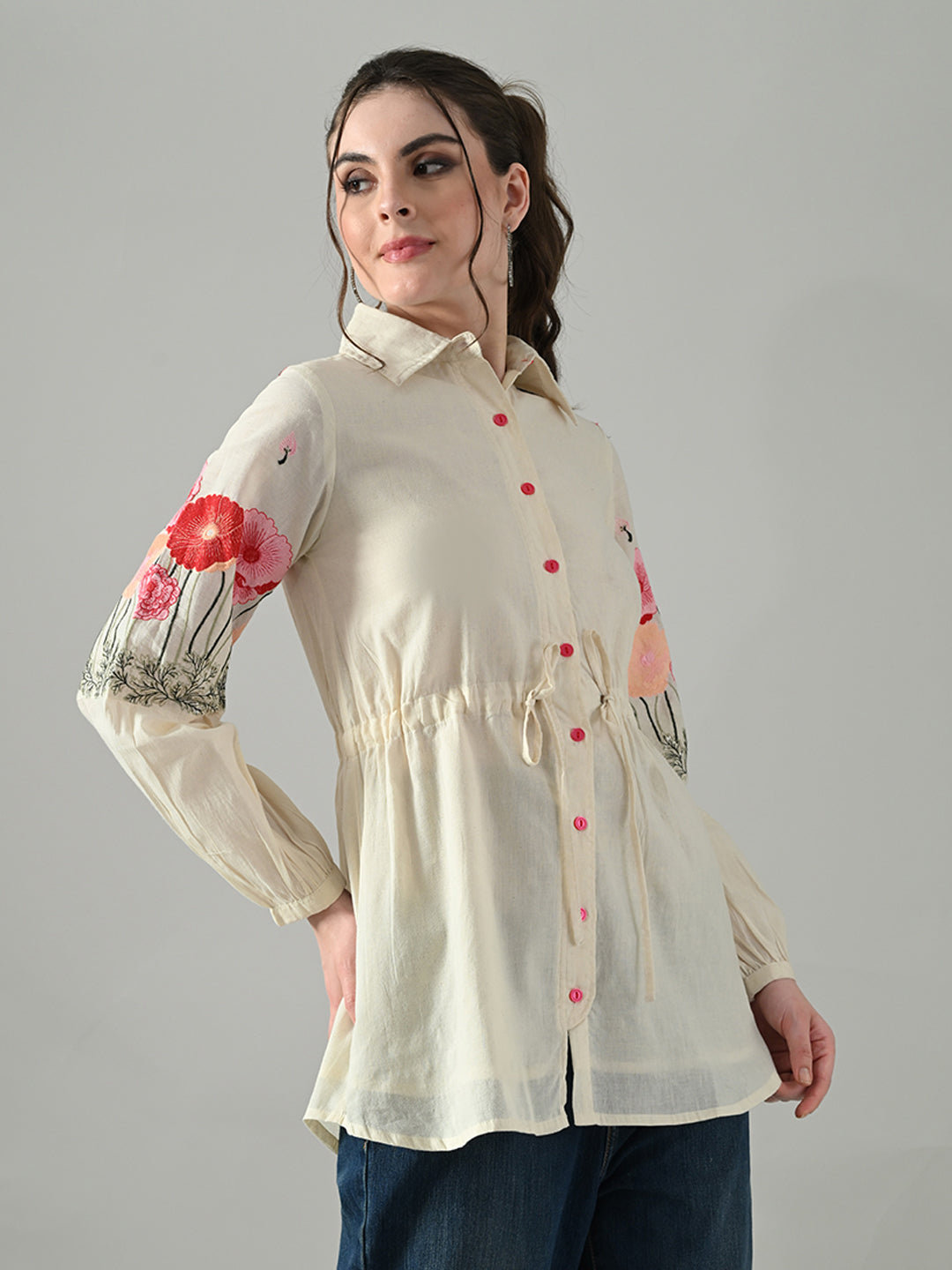 Myshka Women Off White Multicolor Thread Embroidered Shirt | Grocsy