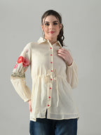 Myshka Women Off White Multicolor Thread Embroidered Shirt | Grocsy