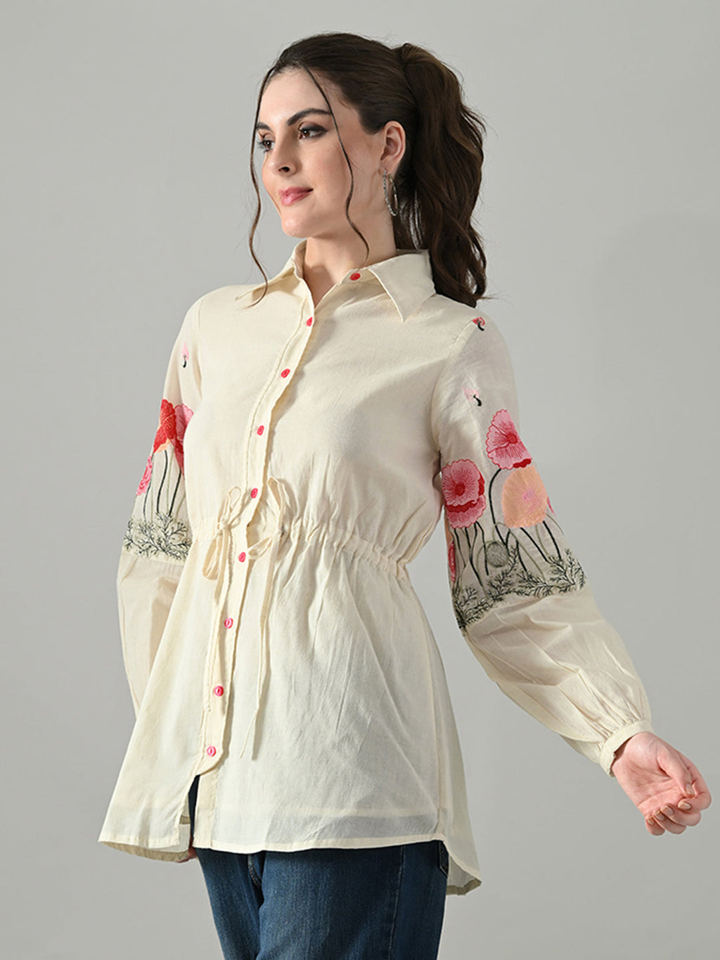 Myshka Women Off White Multicolor Thread Embroidered Shirt | Grocsy