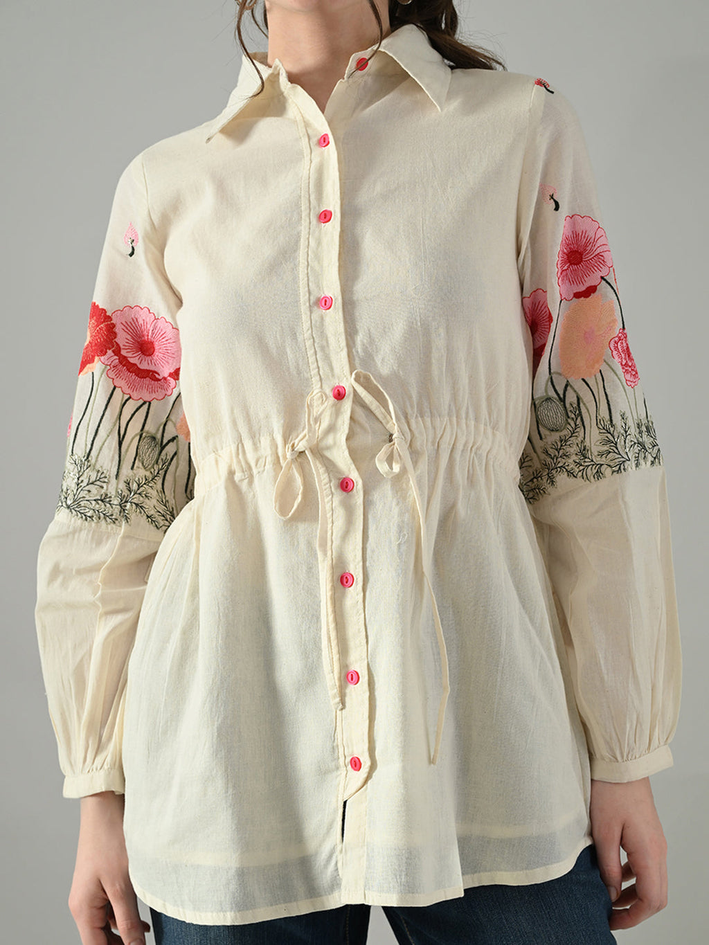 Myshka Women Off White Multicolor Thread Embroidered Shirt | Grocsy
