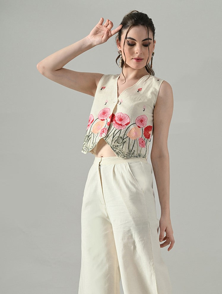 Myshka Women Off White Multicolor Thread Embroidered Waistcoat | Grocsy