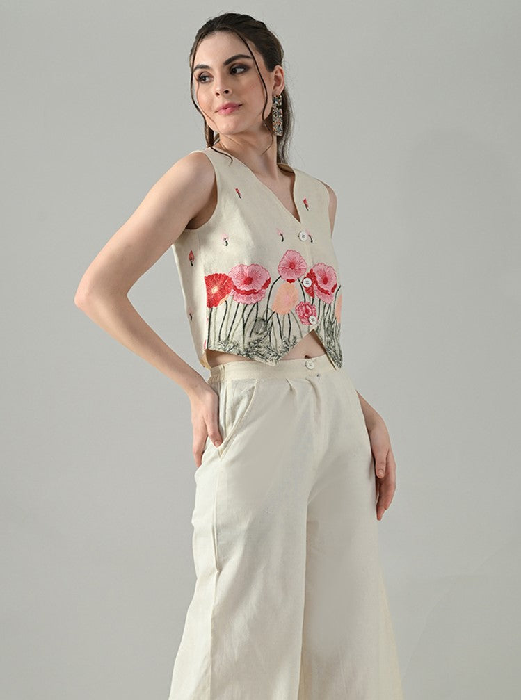 Myshka Women Off White Multicolor Thread Embroidered Waistcoat | Grocsy